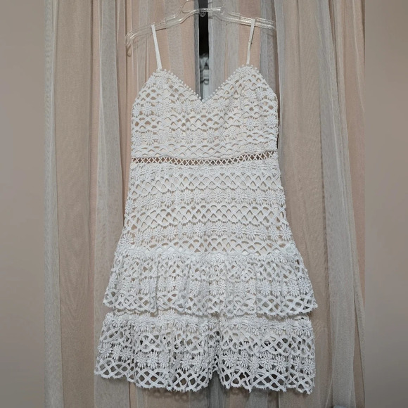 Baevely Dresses & Skirts - BaeVely Crochet Babydoll Mini Dress, Tiered Ruffle Skirt, Sweetheart Neckline.